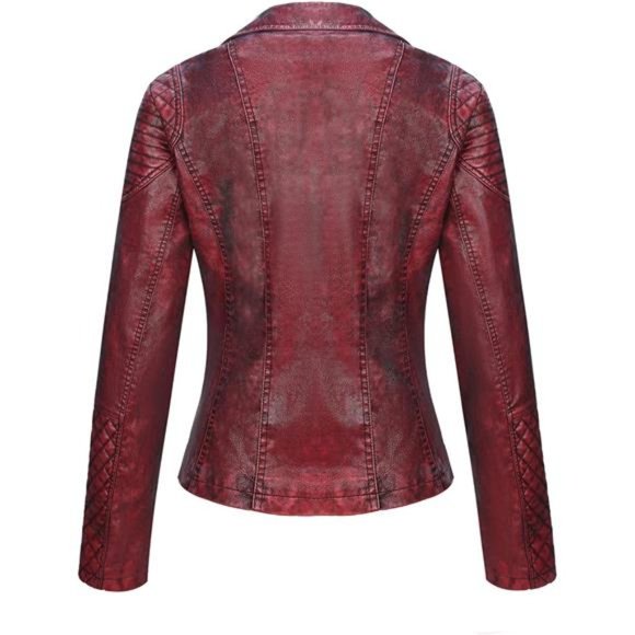 Red Faux Leather Moto Jacket Fitted Quilted Bomber Motorcycle Biker Jacket Coat - Picture 6 of 8